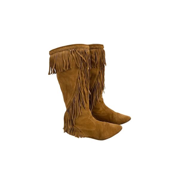 Sam Edelman Utah Tan Suede Fringe Leather Bohemian Western Tall Boots Size 7 - Picture 5 of 10